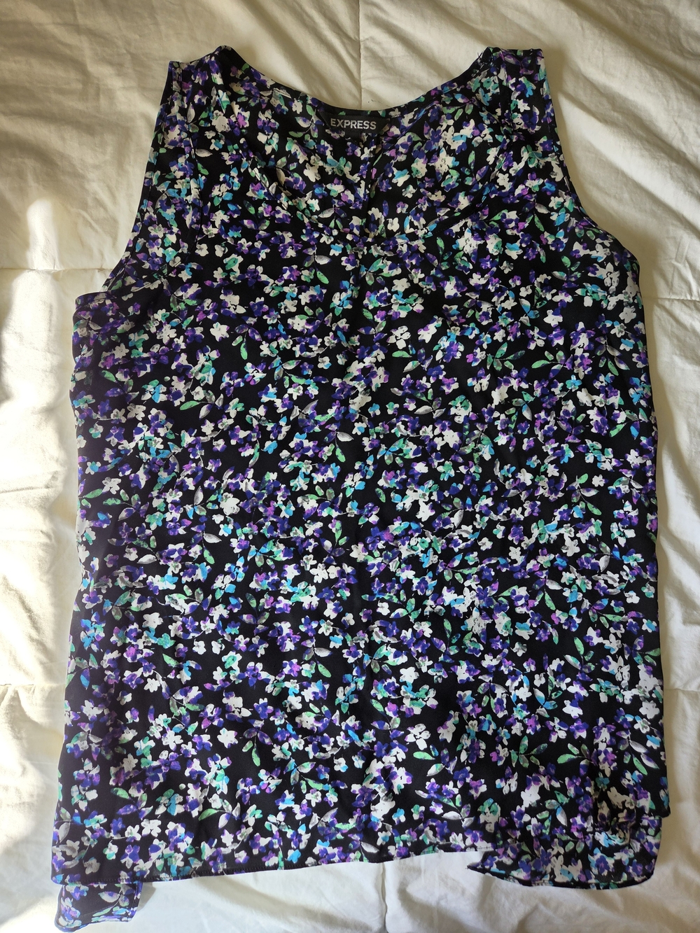 Express Black Floral Sleeveless Blouse Purple Blue Green EUC Size L